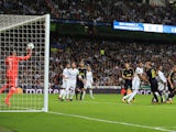 Keylor Navas saves Harry Kane's header during the Champions League group game between Real Madrid and Tottenham Hotspur on October 17, 2017