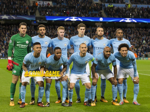 The City starting XI pose ahead of the Champions League group game between Manchester City and Napoli on October 17, 2017