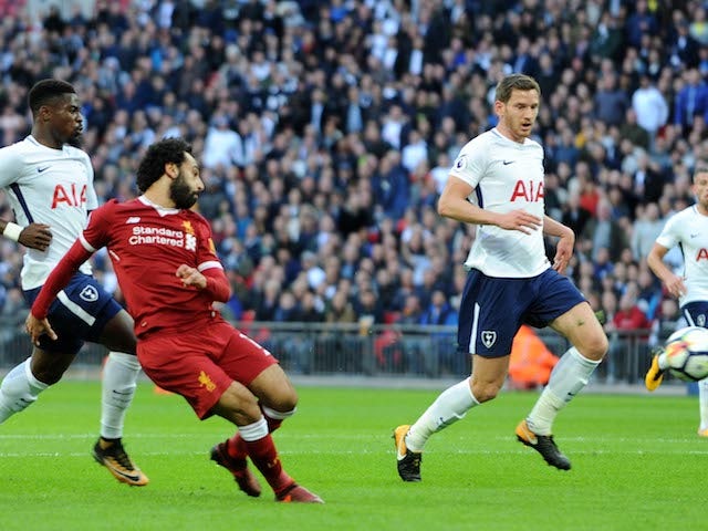 Mohamed Salah pulls one back during the Premier League game between Tottenham Hotspur and Liverpool on October 22, 2017