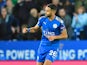 Riyad Mahrez celebrates grabbing the equaliser during the Premier League game between Leicester City and West Bromwich Albion on October 16, 2017