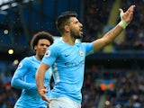 Sergio Aguero celebrates opening the scoring during the Premier League game between Manchester City and Burnley on October 21, 2017