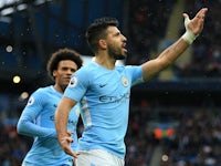 Sergio Aguero celebrates opening the scoring during the Premier League game between Manchester City and Burnley on October 21, 2017