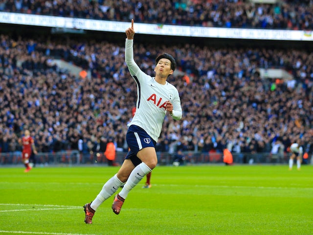 Son Heung-min celebrates doubling his side's advantage during the Premier League game between Tottenham Hotspur and Liverpool on October 22, 201