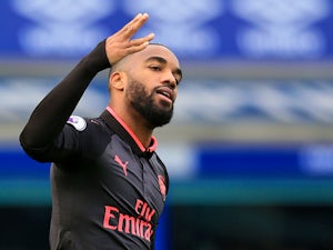 Alexandre Lacazette celebrates during the Premier League game between Everton and Arsenal on October 22, 2017