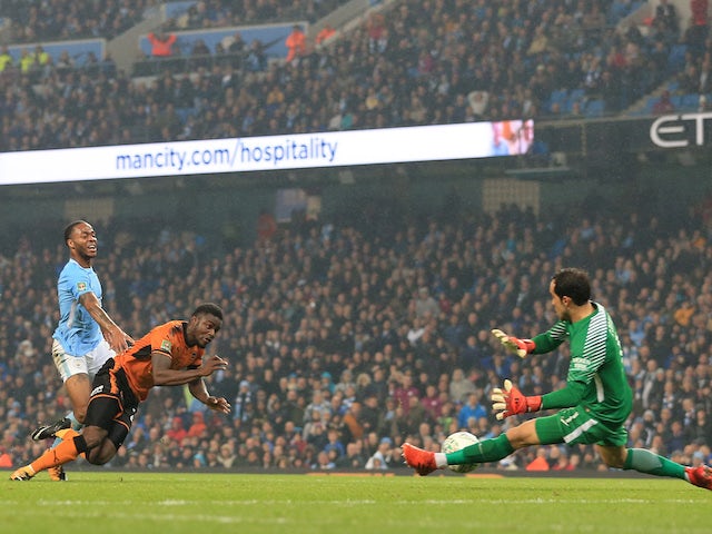 Claudio Bravo saves a late Bright Enobakhare attempt during the EFL Cup game between Manchester City and Wolverhampton Wanderers on October 24, 2017