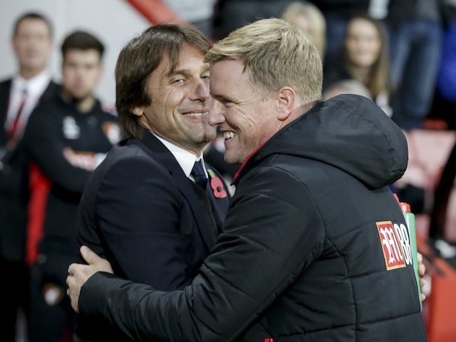 Eddie Howe greets Antonio Conte ahead of the Premier League game between Bournemouth and Chelsea on October 28, 2017