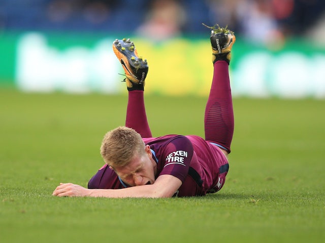 Kevin De Bruyne goes down injured during the Premier League game between West Bromwich Albion and Manchester City on October 28, 2017