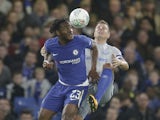 Michy Batshuayi and Phil Jagielka in action during the EFL Cup game between Chelsea and Everton on October 25, 2017