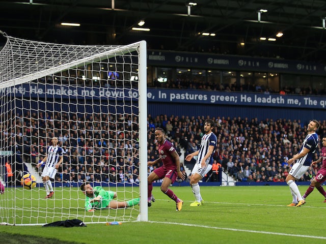 Raheem Sterling scores City's third during the Premier League game between West Bromwich Albion and Manchester City on October 28, 2017