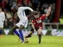 A blue-locked Tiemoue Bakayoko and Lewis Cook in action during the Premier League game between Bournemouth and Chelsea on October 28, 2017