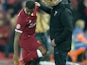 Georginio Wijnaldum talks to Jurgen Klopp as he comes off injured during the Champions League group game between Liverpool and Maribor on November 1, 2017