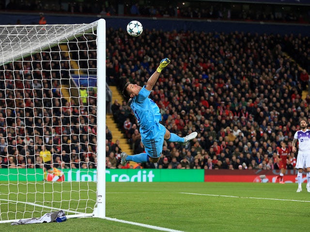 Jasmin Handanovic makes a save during the Champions League group game between Liverpool and Maribor on November 1, 2017