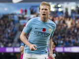 Kevin De Bruyne celebrates opening the scoring during the Premier League game between Manchester City and Arsenal on November 5, 2017