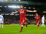 Mohamed Salah celebrates scoring during the Champions League group game between Liverpool and Maribor on November 1, 2017