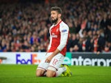 Olivier Giroud on his knees during the Europa League group game between Arsenal and Red Star Belgrade on November 2, 2017