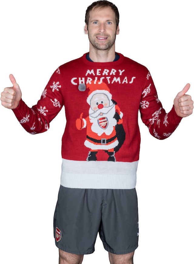 Petr Cech poses for the Save The Children's Christmas Jumper Day