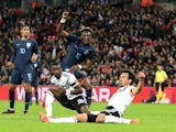 England striker Tammy Abraham sees a shot blocked during his side's friendly with Germany at Wembley on November 10, 2017