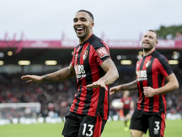 Callum Wilson celebrates the second during the Premier League game between Bournemouth and Huddersfield Town on November 18, 2017