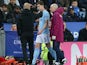 John Stones comes off injured during the Premier League game between Leicester City and Manchester City on November 18, 2017
