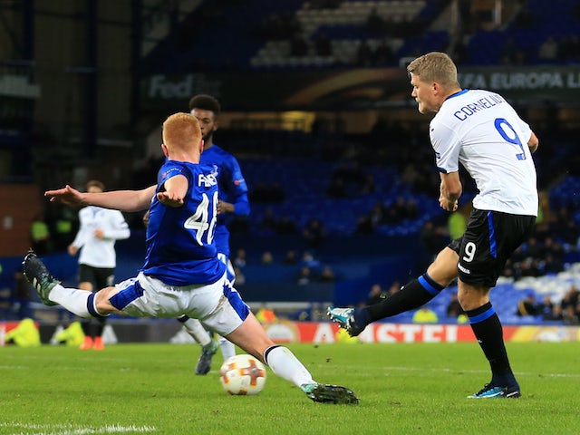 Andreas Cornelius scores his side's fourth during the Europa League group game between Everton and Atalanta on November 23, 2017