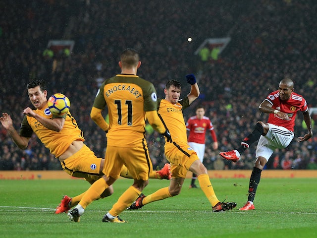Ashley Young scores the opener during the Premier League game between Manchester United and Brighton & Hove Albion on November 25, 2017