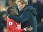 Jurgen Klopp deals with an unhappy Sadio Mane during the Premier League game between Liverpool and Chelsea on November 25, 2017