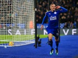 Leicester City striker Jamie Vardy celebrates scoring during his side's Premier League clash with Tottenham Hotspur at the King Power Stadium on November 28, 2017