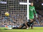 Michail Antonio fails to score as Ederson watches on during the Premier League game between Manchester City and West Ham United on December 3, 2017