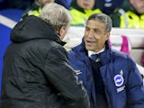 Crystal Palace manager Roy Hodgson shakes hands with Brighton & Hove Albion counterpart Chris Hughton ahead of their Premier League clash at the Amex Stadium on November 28, 2017
