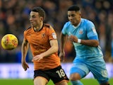Diogo Jota of Wolverhampton Wanderers battles with Tyias Browning of Sunderland in the Championship on December 9, 2017