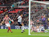Ryan Shawcross scores an own goal in the Premier League match between Tottenham Hotspur and Stoke City on December 9, 2017