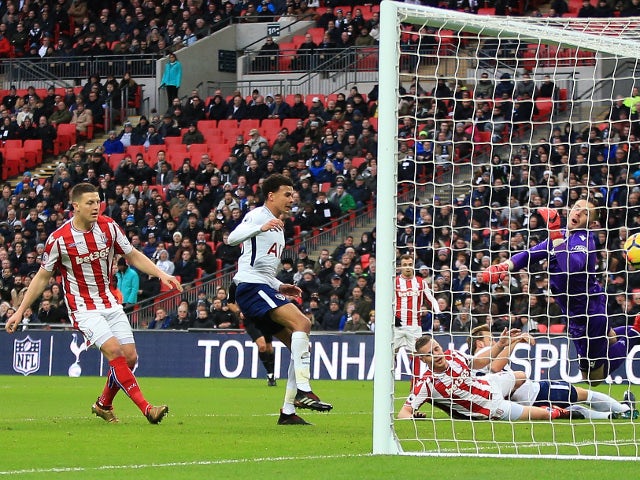 Ryan Shawcross scores an own goal in the Premier League match between Tottenham Hotspur and Stoke City on December 9, 2017