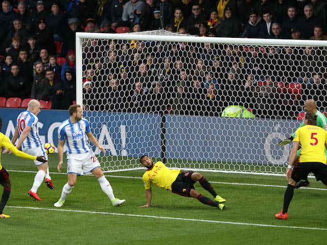 Aaron Mooy scores the Terriers' second during the Premier League game between Watford and Huddersfield Town on December 16, 2017