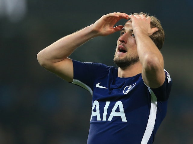 Harry Kane reacts to a missed opportunity during the Premier League game between Manchester City and Tottenham Hotspur on December 16, 2017