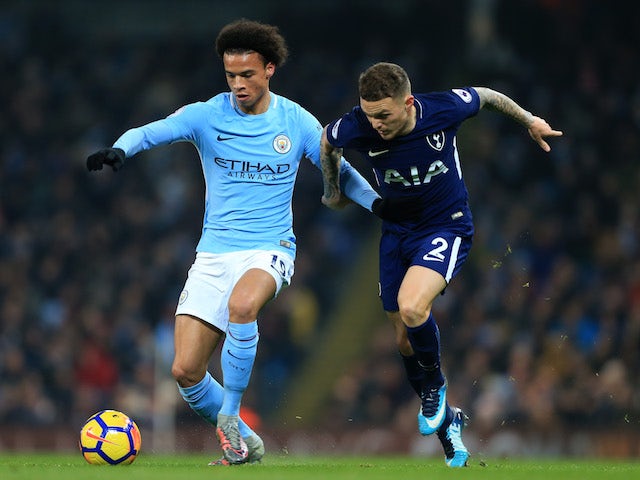 Leroy Sane and Kieran Trippier in action during the Premier League game between Manchester City and Tottenham Hotspur on December 16, 2017