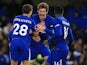 Marcos Alonso celebrates scoring with Cesar Azpilicueta and Tiemoue Bakayoko during the Premier League game between Chelsea and Southampton on December 16, 2017