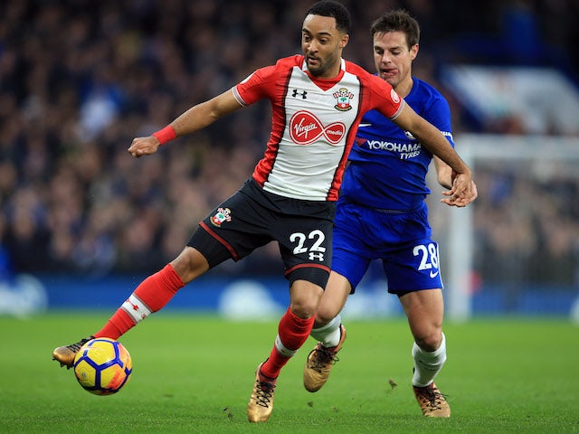 Nathan Redmond and Cesar Azpilicueta in action during the Premier League game between Chelsea and Southampton on December 16, 2017
