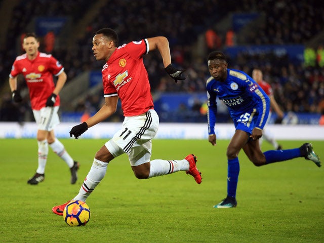 Anthony Martial and Wilfred Ndidi during the Premier League match between Leicester City and Manchester United on December 23, 2017