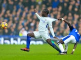 Idrissa Gueye and N'Golo Kante in action during the Premier League match between Everton and Chelsea on December 23, 2017