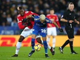 Paul Pogba and Riyad Mahrez during the Premier League match between Leicester City and Manchester United on December 23, 2017