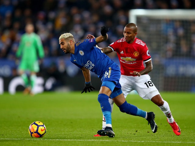 Riyad Mahrez and Ashley Young during the Premier League match between Leicester City and Manchester United on December 23, 2017