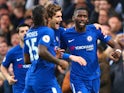 Antonio Rudiger celebrates with teammates after scoring during the Premier League game between Chelsea and Stoke City on December 30, 2017
