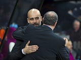 Pep Guardiola embraces Rafael Benitez ahead of the Premier League game between Newcastle United and Manchester City on December 27, 2017