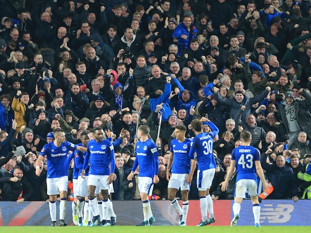 The Toffees celebrate their equaliser during the FA Cup game between Liverpool and Everton on January 5, 2018