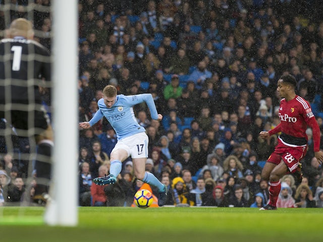 Kevin De Bruyne sends in a cross ahead of the second goal during the Premier League game between Manchester City and Watford on January 2, 2018