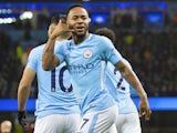 Raheem Sterling celebrates scoring during the Premier League game between Manchester City and Watford on January 2, 2018
