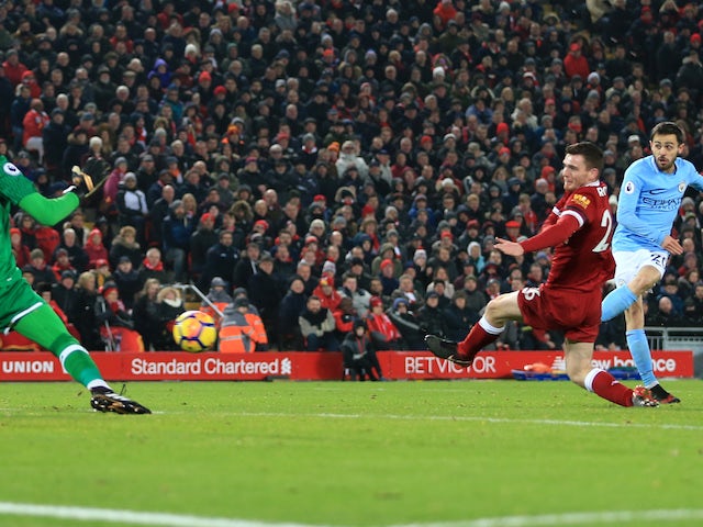 Bernardo Silva pulls one back during the Premier League game between Liverpool and Manchester City on January 14, 2018