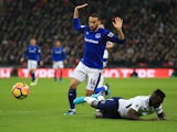 Cenk Tosun and Davinson Sanchez in action during the Premier League game between Tottenham Hotspur and Everton on January 13, 2018