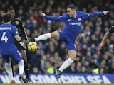 Eden Hazard in action during the Premier League game between Chelsea and Leicester City on January 13, 2018