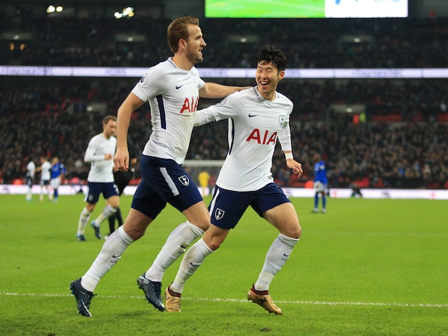 Harry Kane celebrates with Son Heung-min after scoring the second during the Premier League game between Tottenham Hotspur and Everton on January 13, 2018